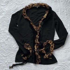 COPY - Roberto Cavalli Black with Fur/Leopard Print Trim Open Sweater